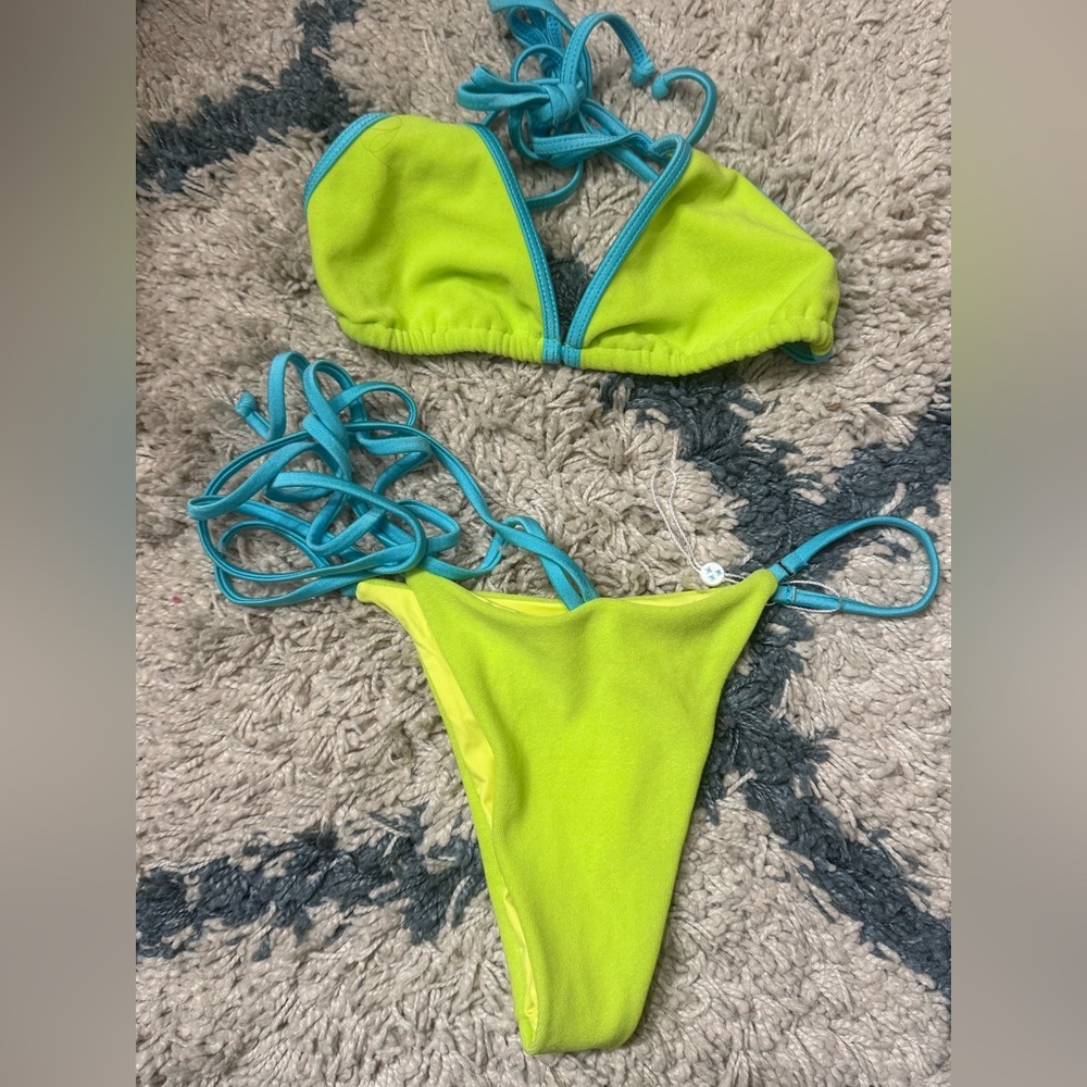 Frankie’s Bikinis Tia Terry Triangle Bikini Set Top and Bottom Size Large Green - Picture 7 of 9